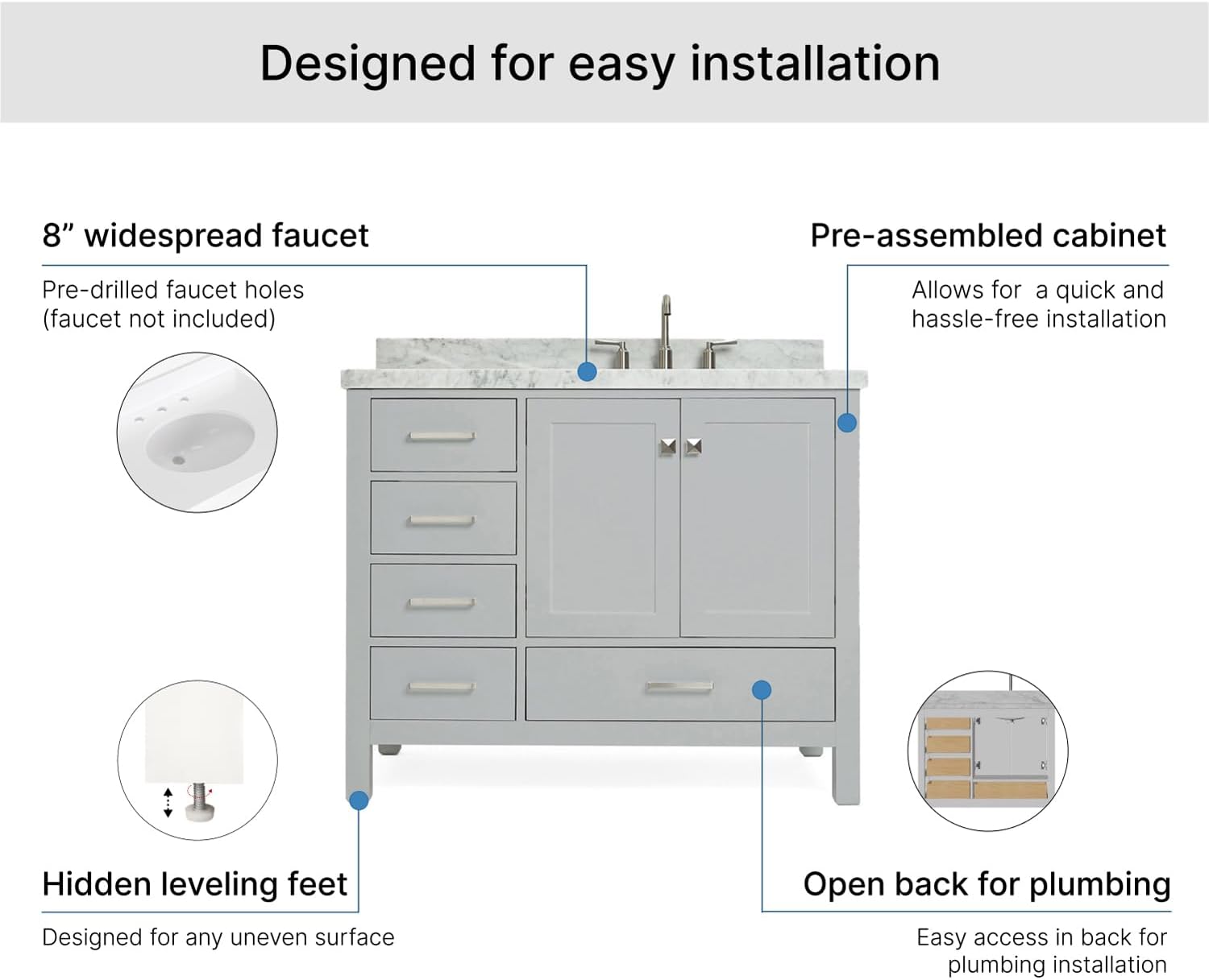 ARIEL Cambridge 42-inch Bathroom Vanity with Sink,Solid Wood, 1.5-inch Italian Carrara Marble Countertop & Backsplash, Single Oval Porcelain Sink, 2 Soft Closing Doors, 5 Dovetail Drawers, Grey