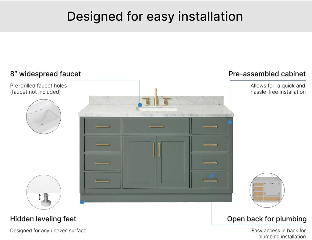 ARIEL Hepburn 60-inch Bathroom Vanity with Sink,Solid Wood, 1.5-inch Italian Carrara Marble Countertop, Single Rectangular Porcelain Sink, 2 Soft Closing Doors, 9 Dovetail Drawers, Vintage Green