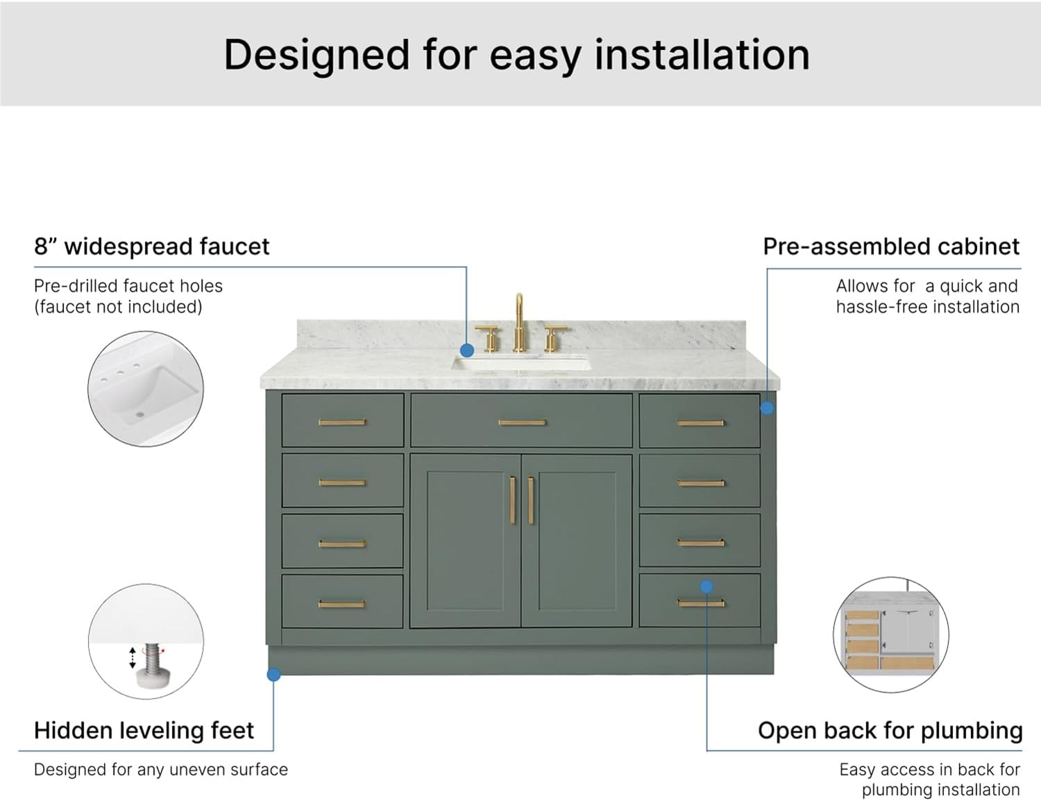 ARIEL Hepburn 60-inch Bathroom Vanity with Sink,Solid Wood, 1.5-inch Italian Carrara Marble Countertop, Single Rectangular Porcelain Sink, 2 Soft Closing Doors, 9 Dovetail Drawers, Vintage Green