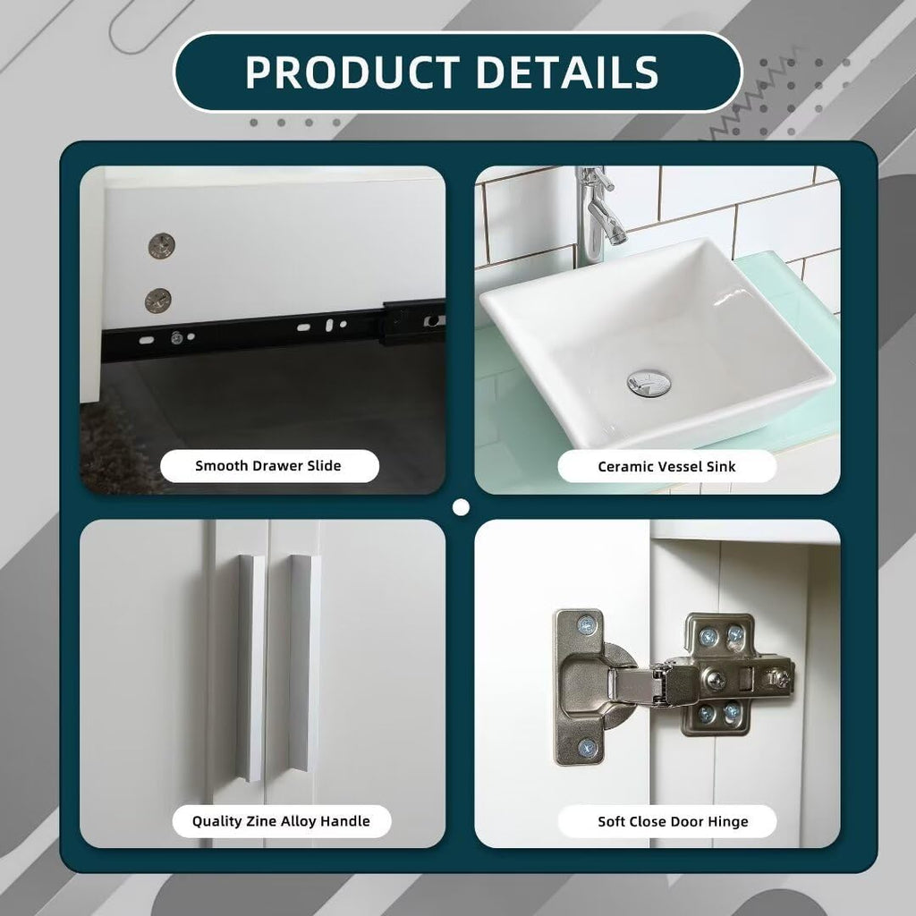 White 30' Bathroom Vanity Sink Combo Wood Bathroom Cabinet Glass Top w/Mirror Faucet & Drain Set