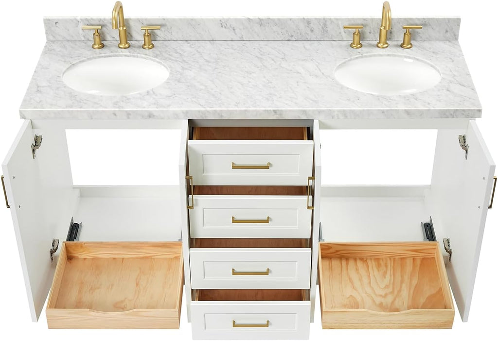 ARIEL Taylor 66-inch Bathroom Vanity with Sink,Solid Wood, 1.5-inch Italian Carrara Marble Countertop & Backsplash, Double Oval Porcelain Sink, 4 Soft Closing Doors, 5 Dovetail Drawers, White