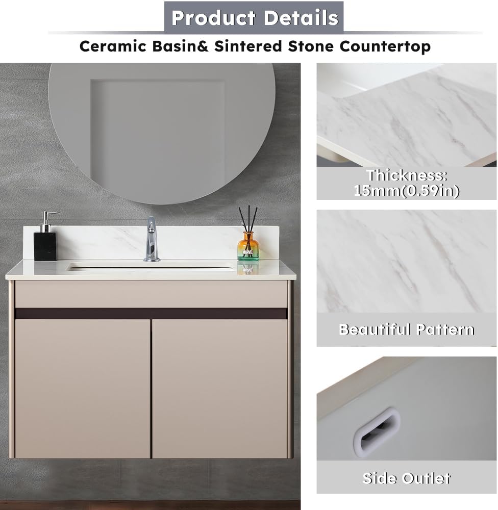 31''W x 22''D Vanity Top, Marble Quartz Bathroom Sink Vanity Top, Sintered Stone Bathroom Vanity with Undermount Ceramic Sink, Bathroom Vanity Sink Countertop, 1 Faucet Hole, White Grey Carra