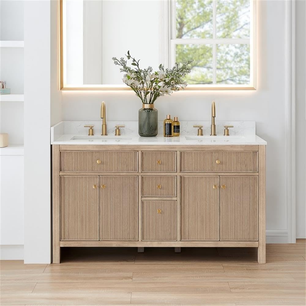 Pemberly Row 60' Wood Bathroom Vanity, Natural Oak Finish, Grain White Engineered Stone Top, No Mirror, 4 Fluted Doors, 5 Drawers, Contemporary Style, Undermount Sink, Ideal for Bathroom Storage