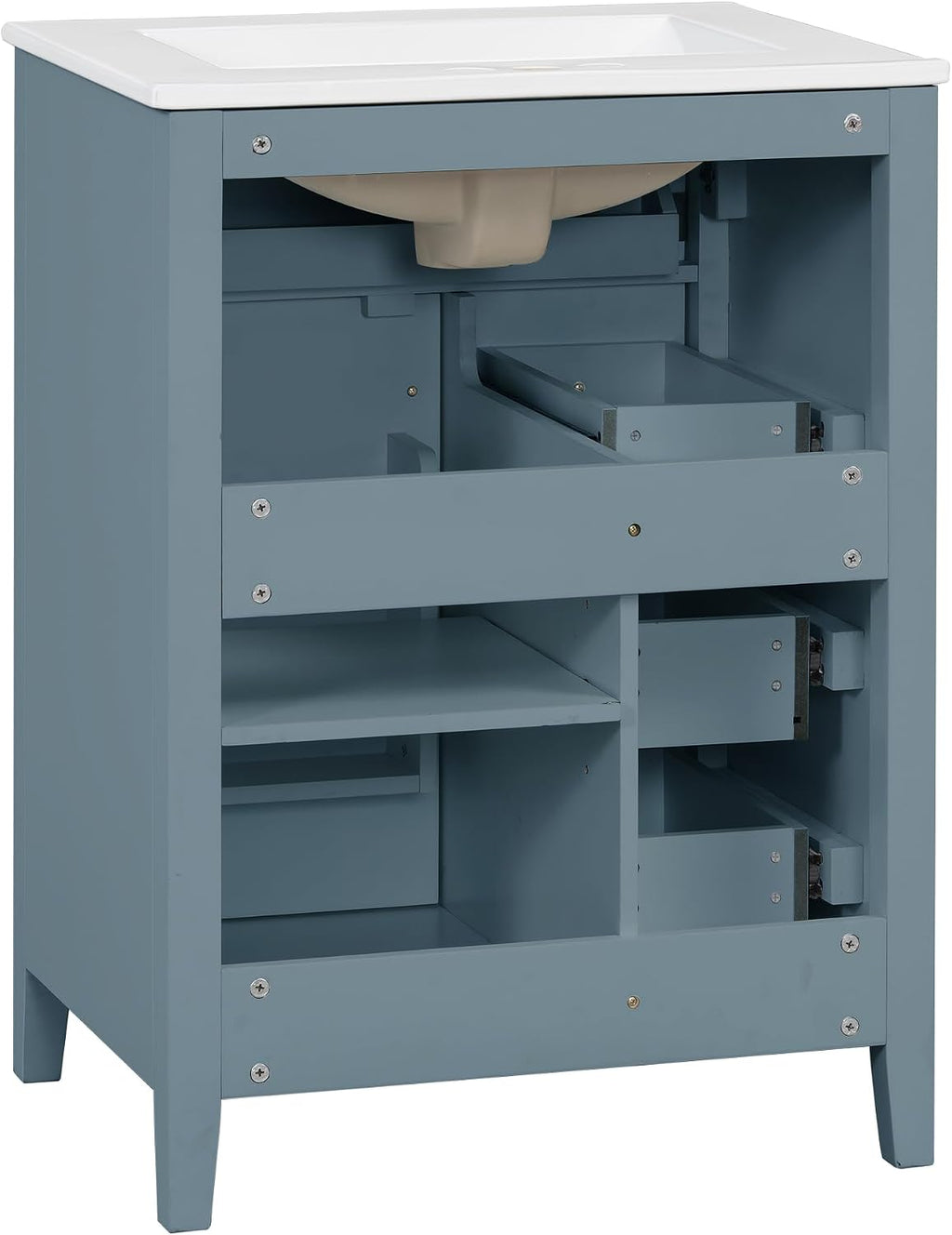 Harper & Bright Designs 24' Bathroom Vanity with Sink, Free Standing Vanity Set with 4 Drawers, Storage Racks, and Adjustable Shelf, Wood Bathroom Cabinet with Ceramic Basin for Bathroom, Blue Grey