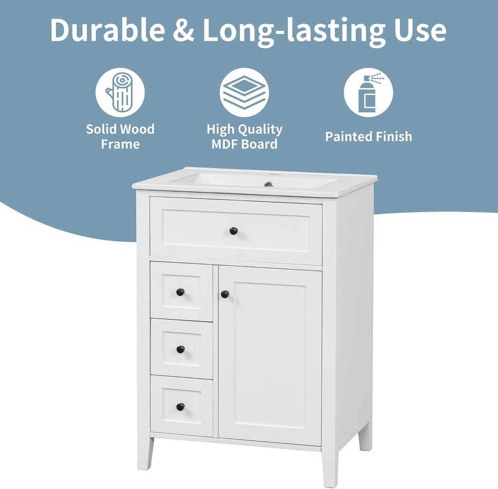 Harper & Bright Designs 24' Bathroom Vanity with Sink, Free Standing Vanity Set with 4 Drawers, Storage Racks, and Adjustable Shelf, Wood Bathroom Cabinet with Ceramic Basin for Bathroom, White