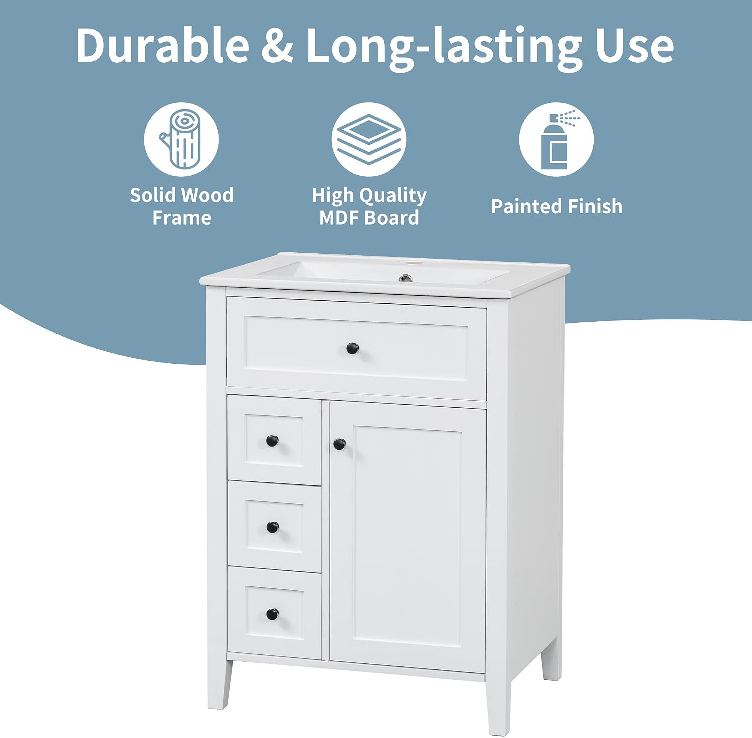 Harper & Bright Designs 24' Bathroom Vanity with Sink, Free Standing Vanity Set with 4 Drawers, Storage Racks, and Adjustable Shelf, Wood Bathroom Cabinet with Ceramic Basin for Bathroom, White
