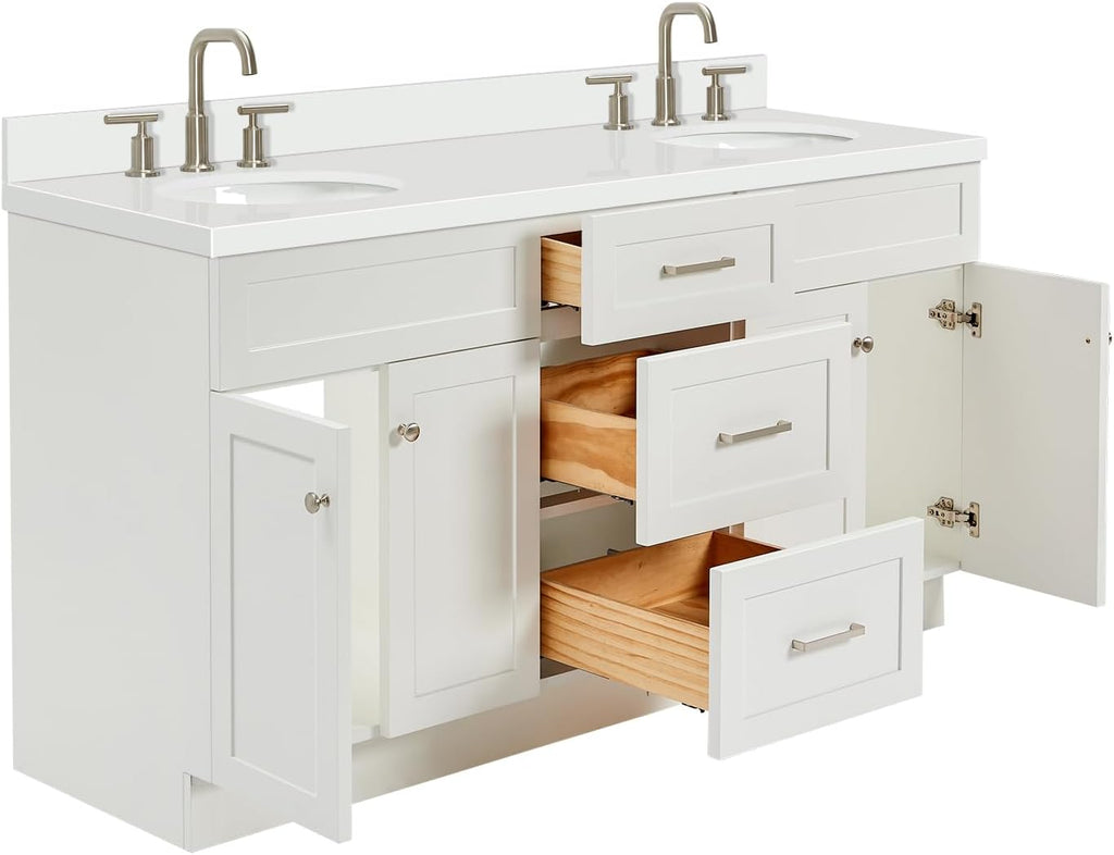 DKB Bradford 66-Inch White Double Bathroom Vanity, 1.5-Inch Pure White Quartz Countertop & Backsplash, Double Oval Undermount Sinks, 2 Soft Closing Doors, 3 Dovetail Drawers, Toe Kick, Brushed Nickel