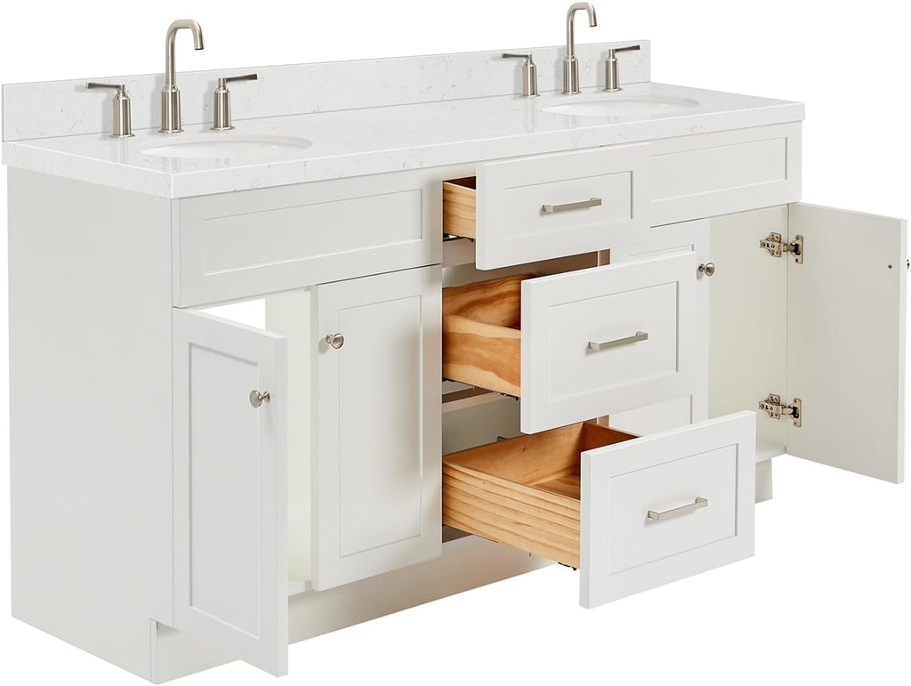 ARIEL Hamlet 66-inch Bathroom Vanity with Sink,Solid Wood, 1.5-inch Carrara White Quartz Countertop & Backsplash, Double Oval Porcelain Sink, 4 Soft Closing Doors, 3 Dovetail Drawers, White