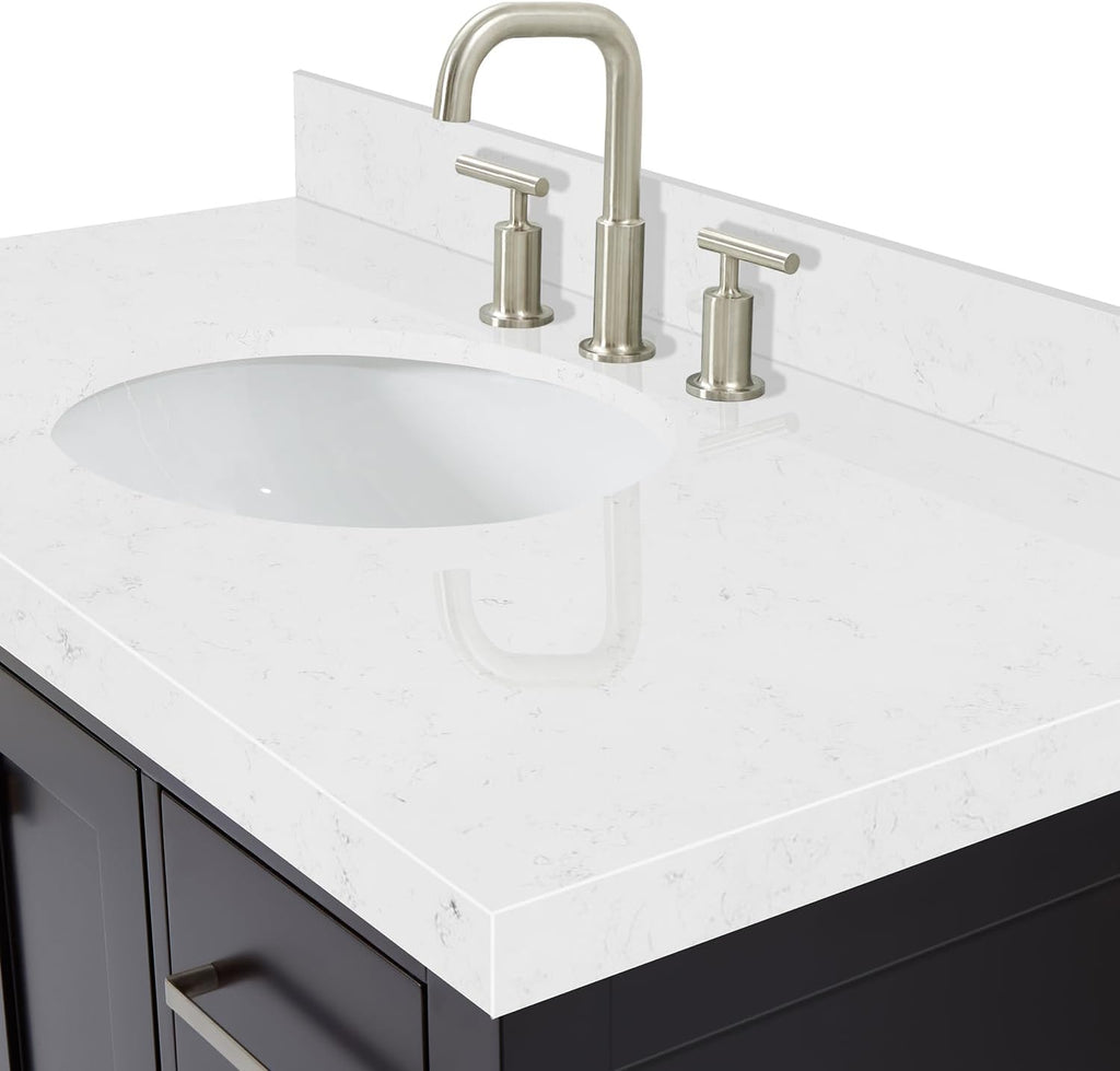 DKB Beckford 42-Inch Espresso Bathroom Vanity with Sink, Solid Wood Frame, Carrara White Quartz Countertop 1.5-Inch Edge, Oval Undermount Sink, 2 Soft Closing Doors, 9 Drawers