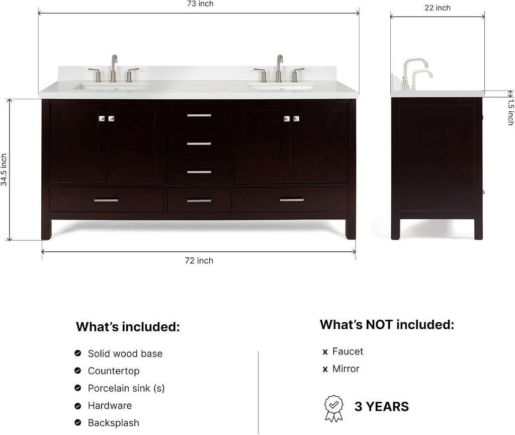 DKB Beckford 72 Inch Bathroom Vanity Double Sink — Espresso Bathroom Vanity with Sink, 1.5' Edge Pure White Quartz Countertop & Backsplash, 4 Soft-Close Doors, 6 Dovetail Drawers