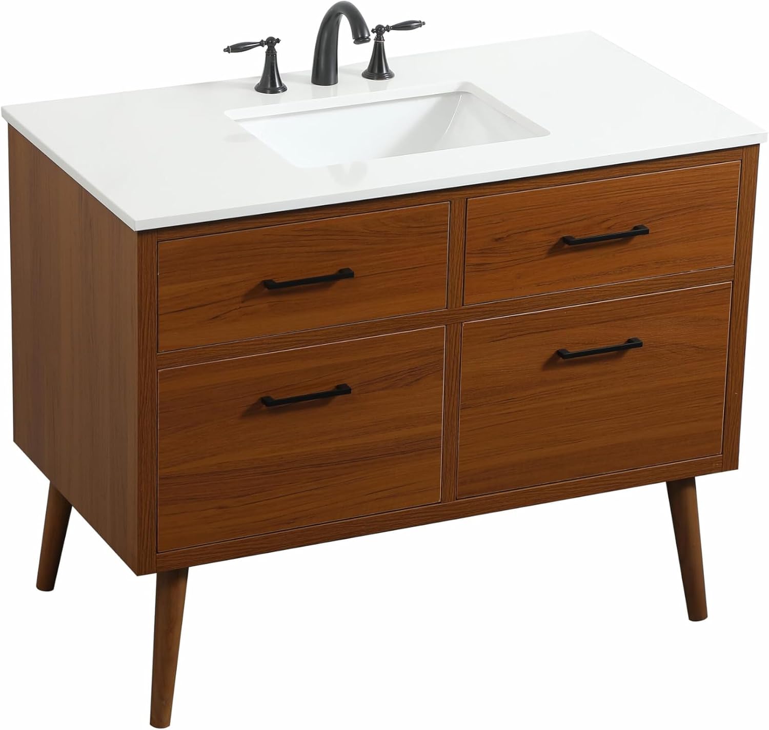 42' Pre-Assembled Bathroom Vanity with Sink, Engineered Wood, Ivory White Engineered Marble Countertop Attached, Single Rectangle Porcelain Sink, 2 Soft-Close Drawers, Teak