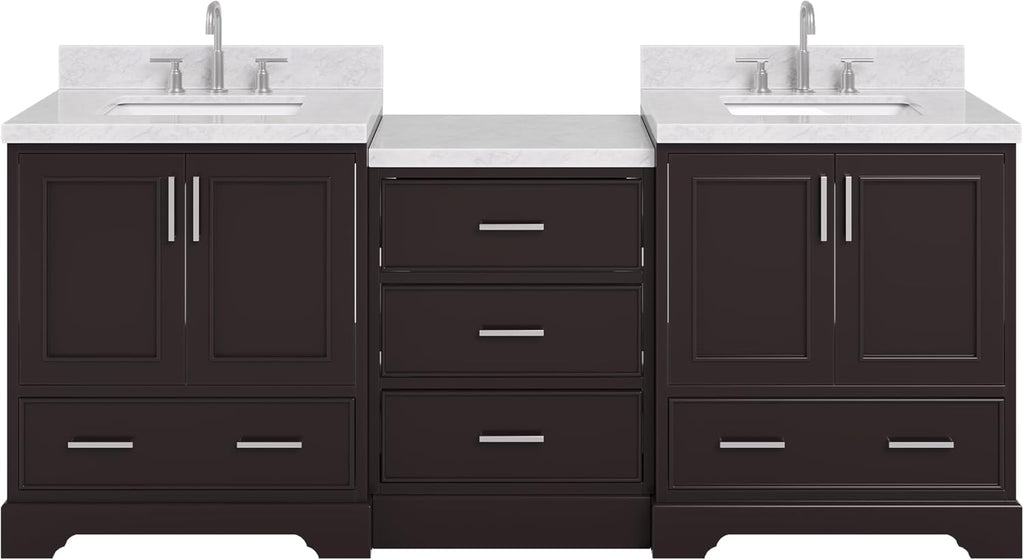 ARIEL Stafford 84-inch Bathroom Vanity with Sink,Solid Wood, 1.5in Italian Carrara Marble Countertop, Double Rectangular Porcelain Sink, 4 Soft Closing Doors, 5 Dovetail Drawers, Espresso