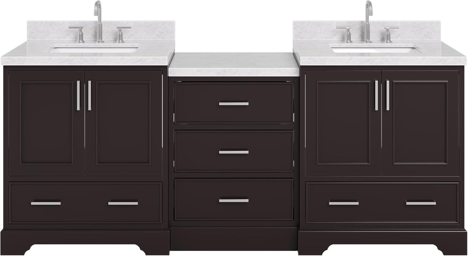 ARIEL Stafford 84-inch Bathroom Vanity with Sink,Solid Wood, 1.5in Italian Carrara Marble Countertop, Double Rectangular Porcelain Sink, 4 Soft Closing Doors, 5 Dovetail Drawers, Espresso