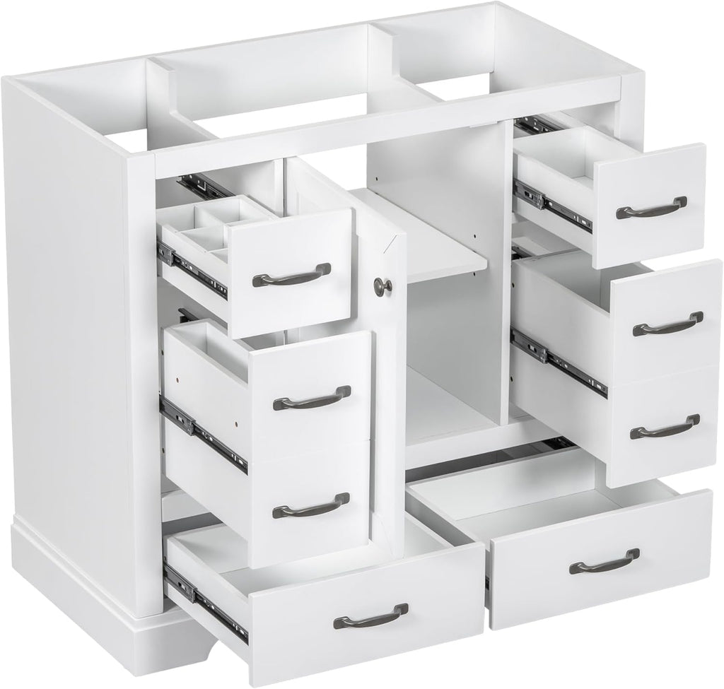 36' Bathroom Vanity Without Sink, Base Only,Six, Solid Wood Cabinets Basin Vessel Set w/Drawer Divider,Adjustable Shelf,Water, Stain Proof,White