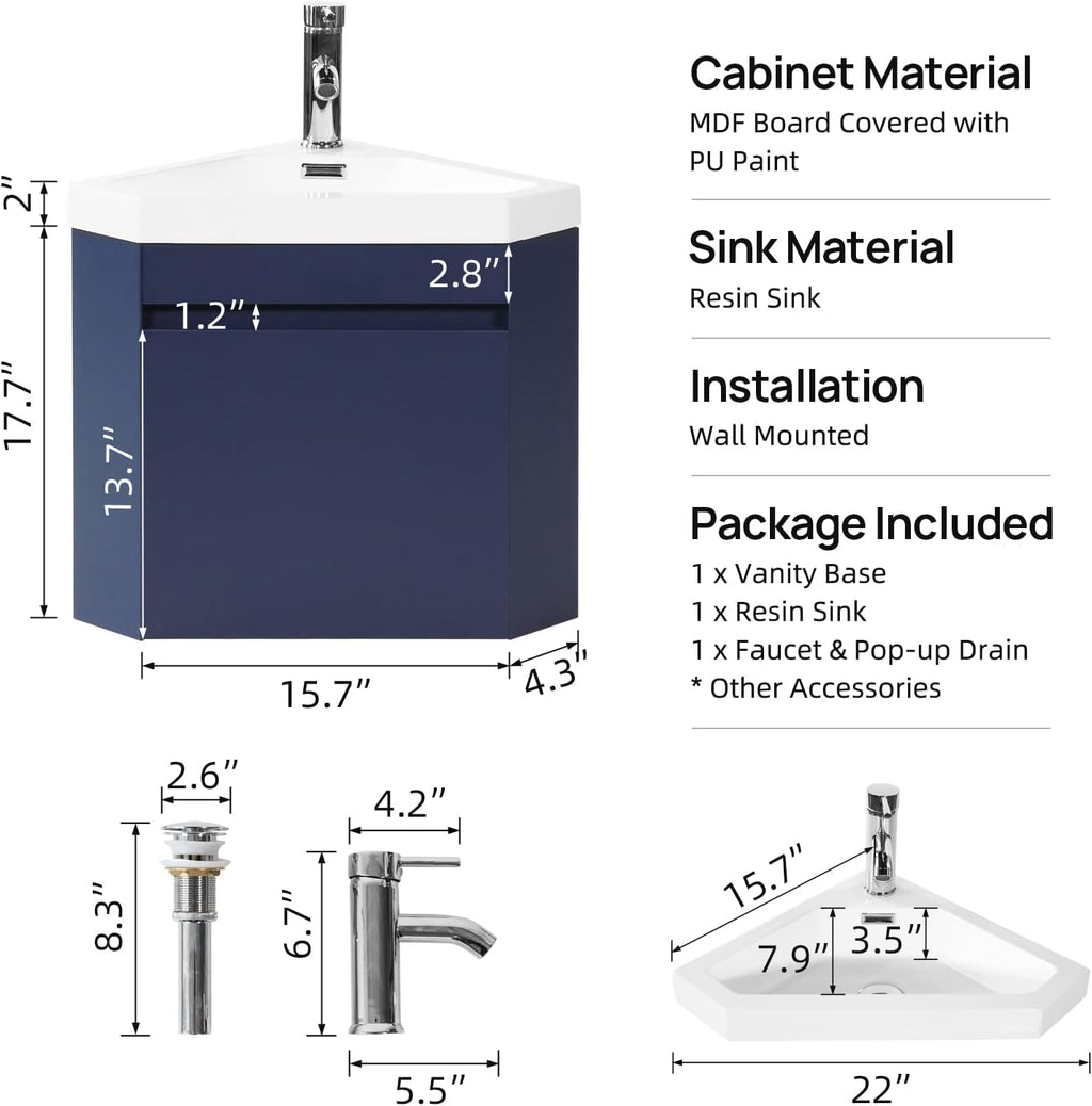 wonline 22' Corner Bathroom Vanity Sink Combo for Small Space Wall Mounted Cabinet Set Design Navy Resin Basin Sink Top Chrome Faucet and Drain