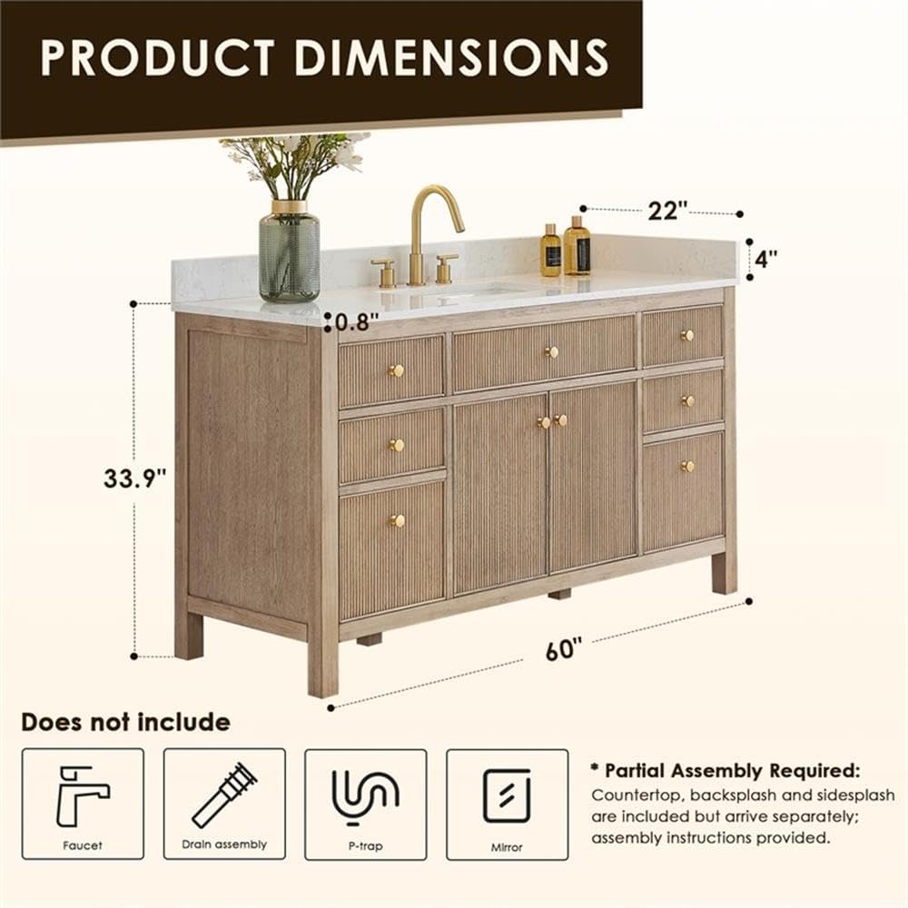 Pemberly Row 60' Single Wood Bathroom Vanity, Natural Oak Finish, White Engineered Stone Top, Fluted Doors, 7 Drawers, Ceramic Undermount Sink, Contemporary Style Without Mirror