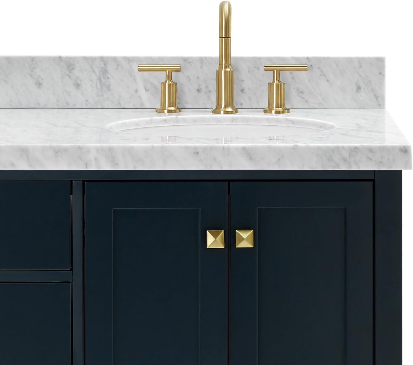 DKB Beckford 66' Midnight Blue Double Bathroom Vanity, 1.5' Edge Italian Carrara Marble Countertop, 2 Oval Undermount Sinks, 4 Soft Closing Doors, 6 Dovetail Drawers