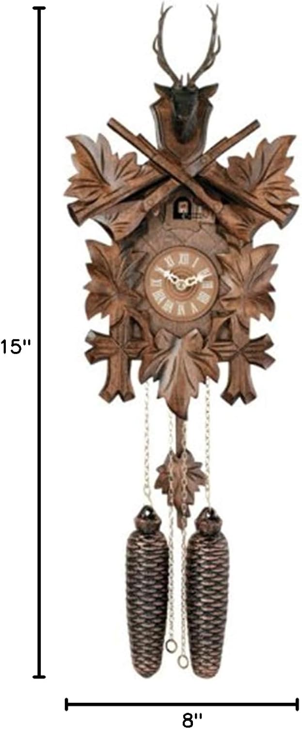 15' Eight Day Hunter's Mechanical Cuckoo Clock with Hand-Carved Maple Leaves, Rifles, and Buck