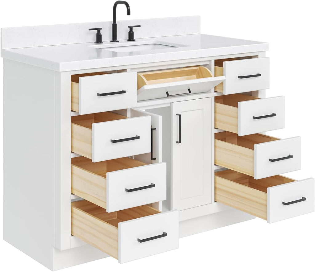 ARIEL Hepburn 48-inch Bathroom Vanity with Sink,Solid Wood, 1.5-inch Carrara White Quartz Countertop & Backsplash, Single Rectangular Porcelain Sink, 2 Soft Closing Doors, 9 Dovetail Drawers, White