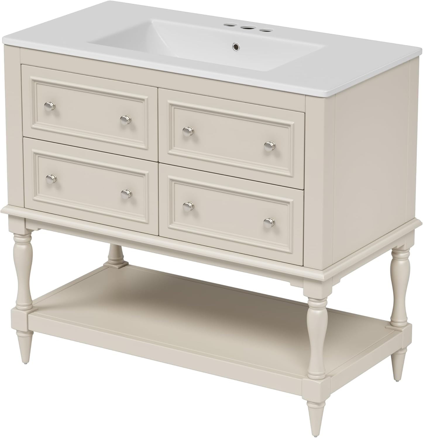 Merax Country 36' Bathroom Vanity with Sink, Farmhouse Bathroom Vanity Storage Cabinet with 4 Drawers and Open Shelf, Solid Wood Frame Bath Storage Vanity