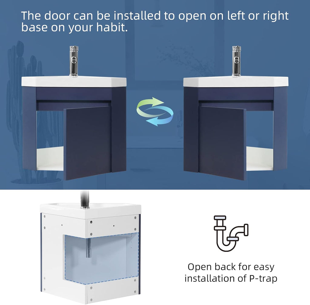 wonline 22' Corner Bathroom Vanity Sink Combo for Small Space Wall Mounted Cabinet Set Design Navy Resin Basin Sink Top Chrome Faucet and Drain