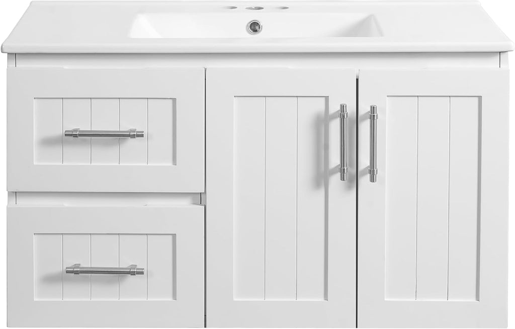 White Floating Bathroom Vanity with Sink 36 Inch,Wall Mounted Bathroom Sink Cabinet with Integrated Countertop,Adjustable Shelf & 2 Drawers,Soft Closing Doors,Solid Wood Frame