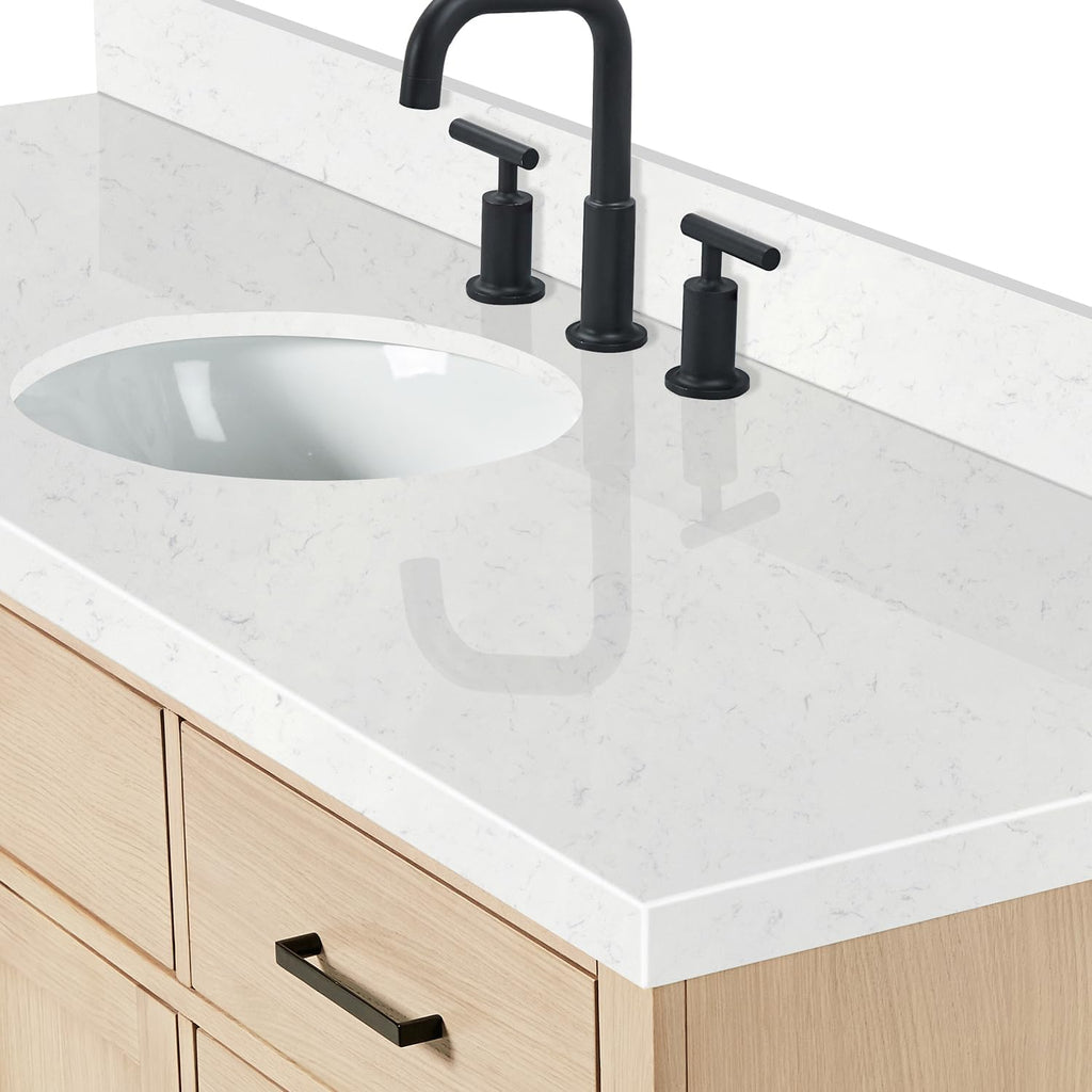 ARIEL Hepburn 66-inch Bathroom Vanity with Sink,Solid Wood, 1.5-inch Carrara White Quartz Countertop & Backsplash, Single Oval Porcelain Sink, 2 Soft Closing Doors, 9 Dovetail Drawers, White Oak