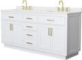Wyndham Collection Beckett 72 Inch Double Bathroom Vanity with Toe Kick in White, Giotto Quartz Countertop, Undermount Square Sinks (3-Hole), Brushed Gold Trim