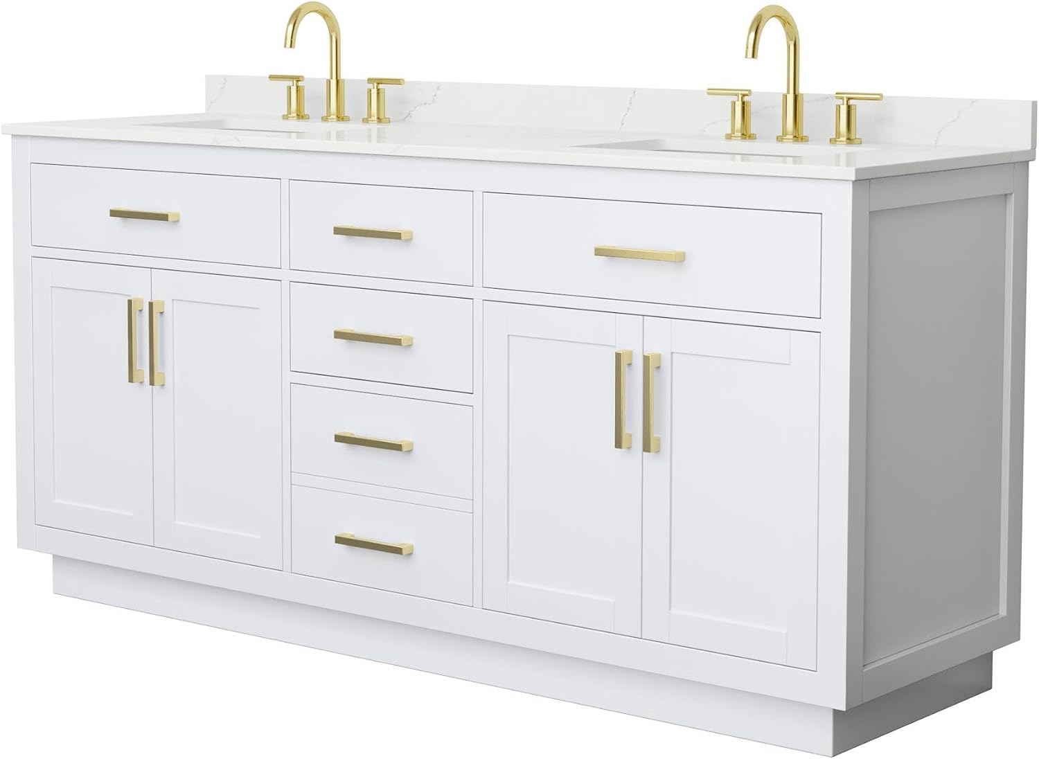 Wyndham Collection Beckett 72 Inch Double Bathroom Vanity with Toe Kick in White, Giotto Quartz Countertop, Undermount Square Sinks (3-Hole), Brushed Gold Trim