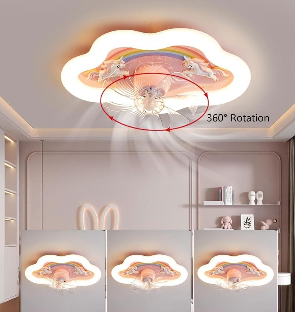 LED Ceiling Light With Fan, Cartoon Rainbow Cloud Fan Light, Remote Control Dimmable Ceiling Fan With Lighting, Modern 360° Rotating Girl's Room Pink Fan Light, 72w Mute Fan Light for Bedroom