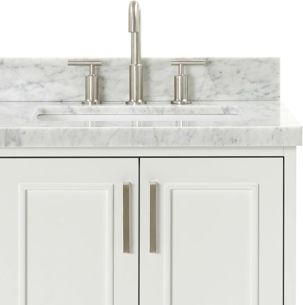 ARIEL Stafford 36-inch Bathroom Vanity with Sink,Solid Wood, 1.5-inch Italian Carrara Marble Countertop, Single Rectangular Porcelain Sink, 2 Soft Closing Doors, 5 Dovetail Drawers, White