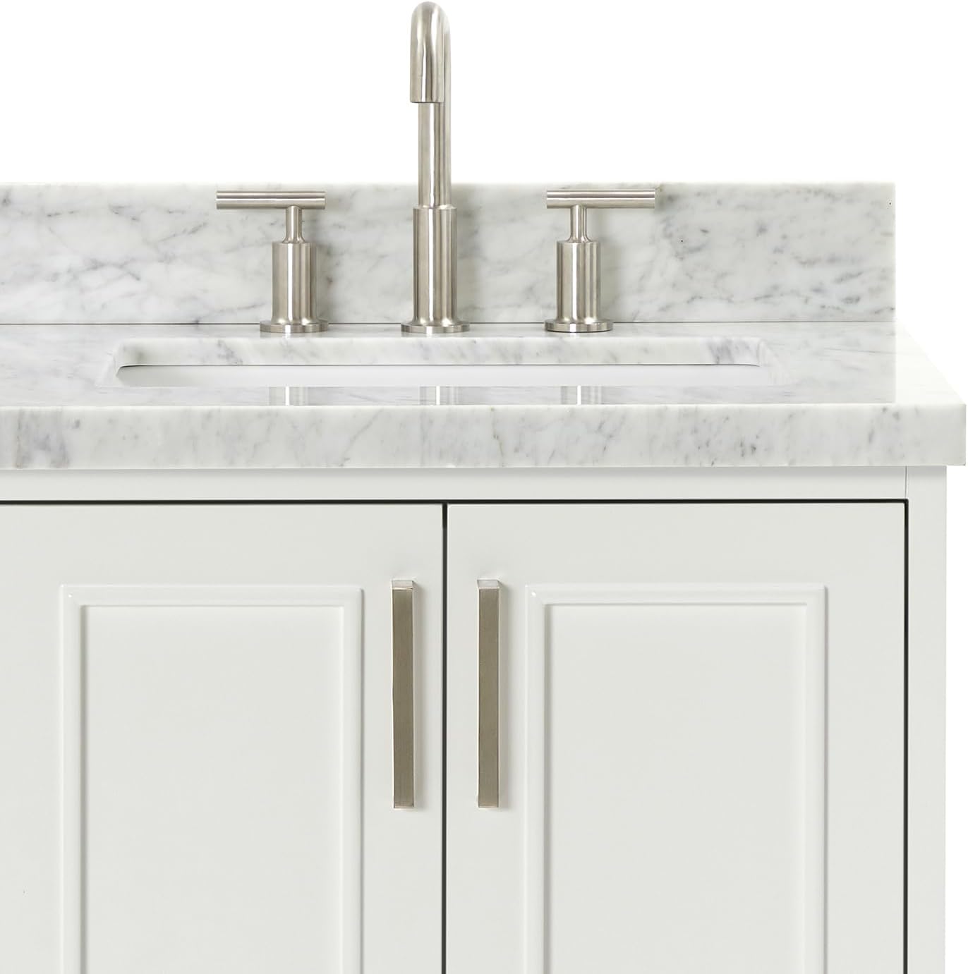 ARIEL Stafford 36-inch Bathroom Vanity with Sink,Solid Wood, 1.5-inch Italian Carrara Marble Countertop, Single Rectangular Porcelain Sink, 2 Soft Closing Doors, 5 Dovetail Drawers, White