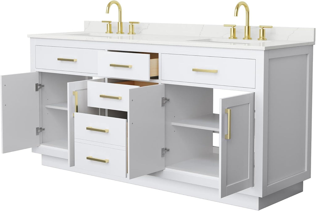 Wyndham Collection Beckett 72 Inch Double Bathroom Vanity with Toe Kick in White, Giotto Quartz Countertop, Undermount Square Sinks (3-Hole), Brushed Gold Trim