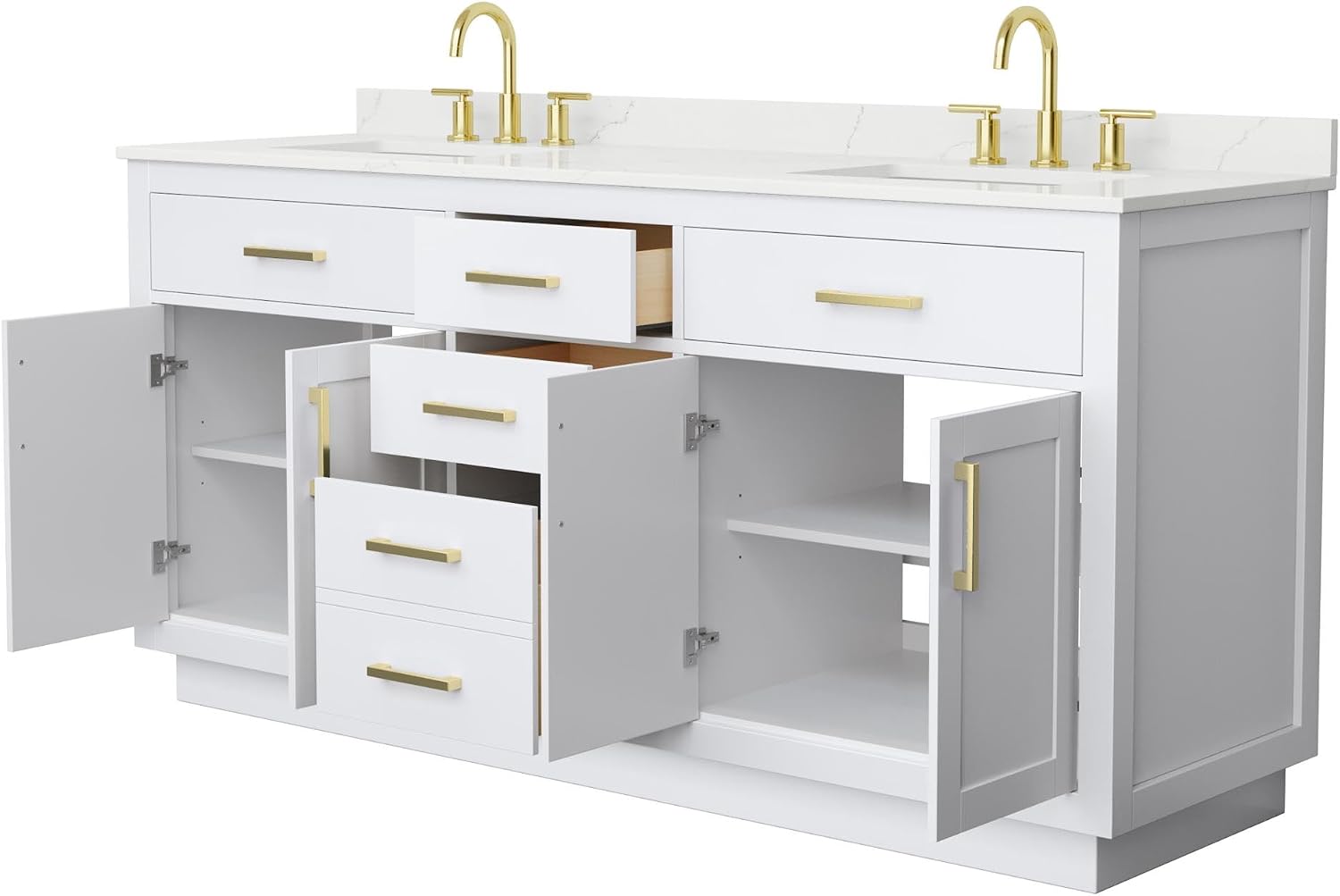Wyndham Collection Beckett 72 Inch Double Bathroom Vanity with Toe Kick in White, Giotto Quartz Countertop, Undermount Square Sinks (3-Hole), Brushed Gold Trim
