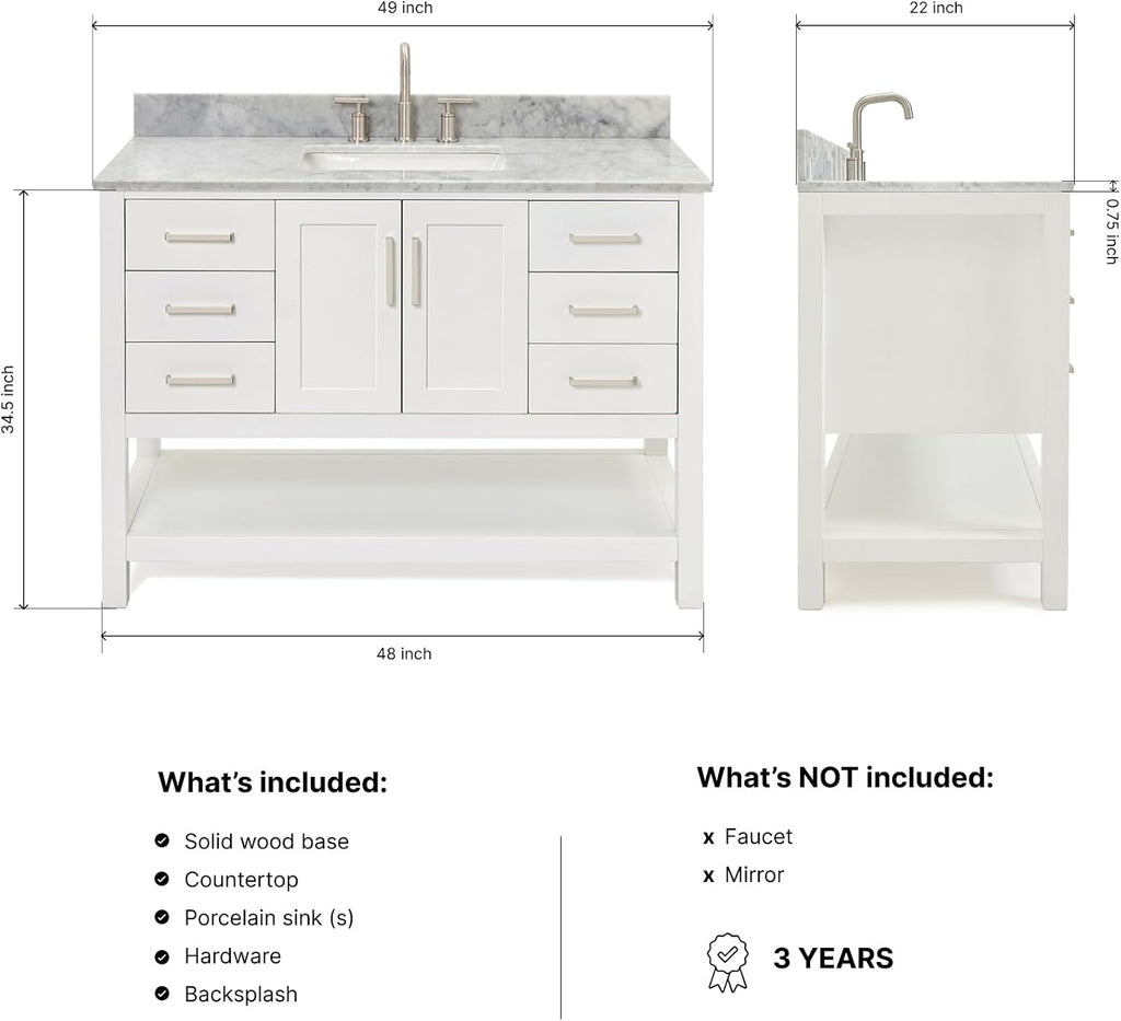 ARIEL Magnolia 48-inch Bathroom Vanity with Sink,Solid Wood, 0.75-inch Italian Carrara Marble Countertop, Single Rectangular Porcelain Sink, 2 Soft Closing Doors, 6 Dovetail Drawers, White
