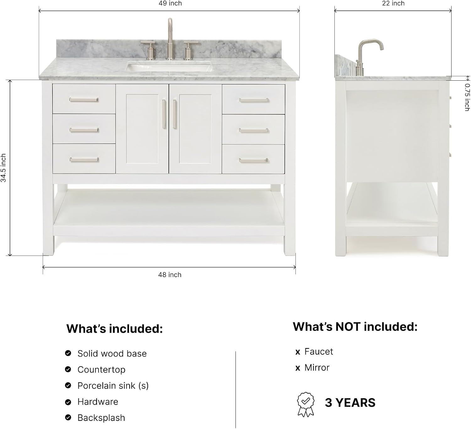ARIEL Magnolia 48-inch Bathroom Vanity with Sink,Solid Wood, 0.75-inch Italian Carrara Marble Countertop, Single Rectangular Porcelain Sink, 2 Soft Closing Doors, 6 Dovetail Drawers, White