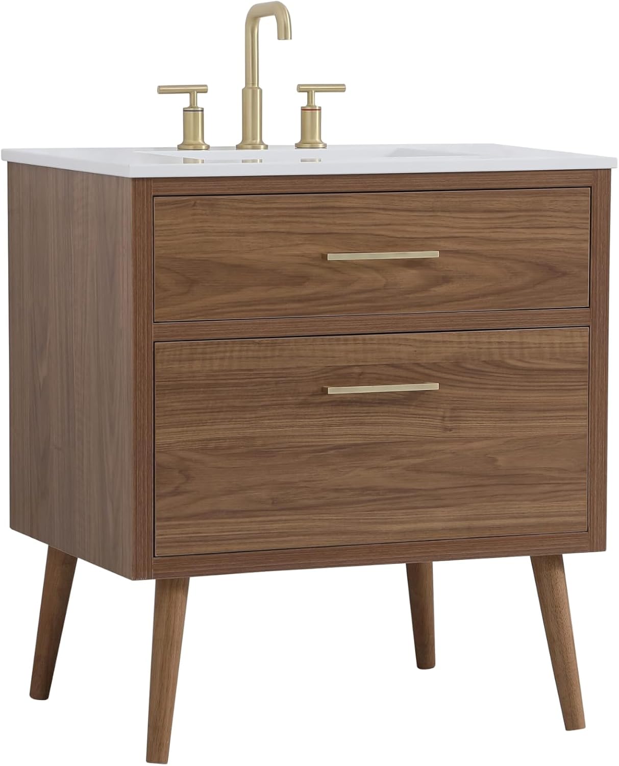 30' Pre-Assembled Bathroom Vanity with Sink, Engineered Wood, Ivory White Engineered Marble Countertop Attached, Single Rectangle Porcelain Sink, 2 Soft-Close Drawers, Walnut Brown