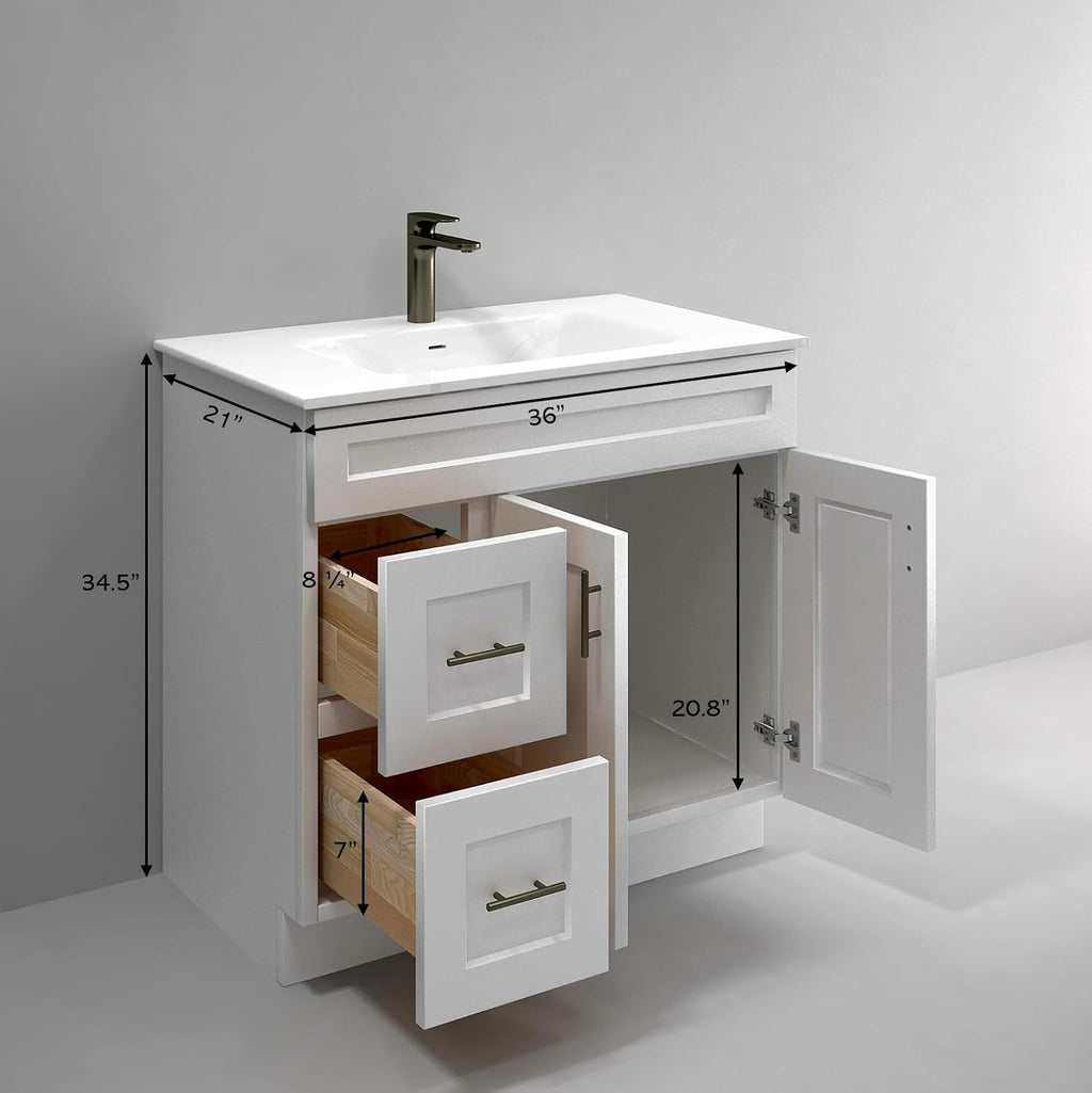 White Shaker Bathroom Vanity Sink Base with Drawers 36' Ready-to-Assemble Cabinet
