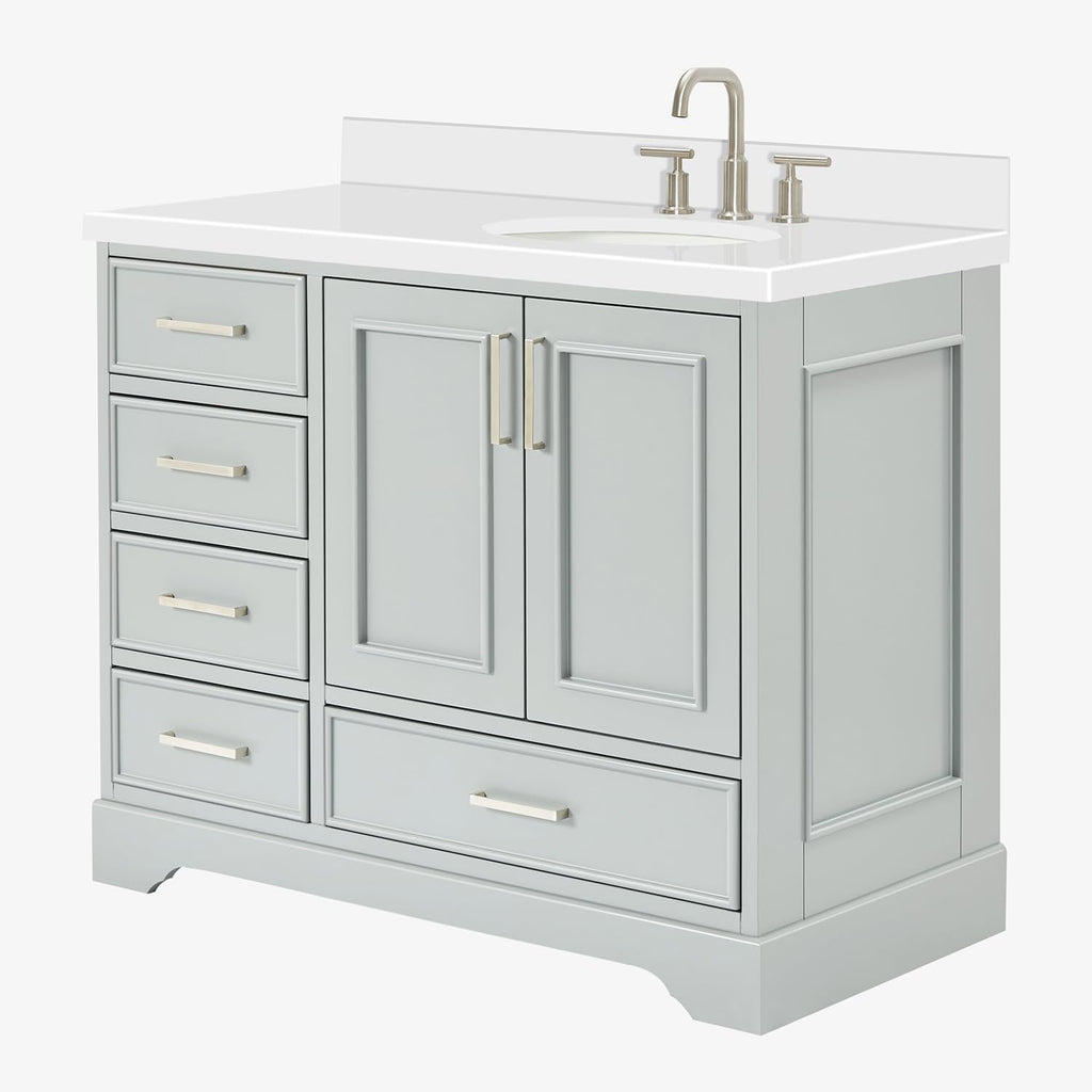 DKB Langford 42-inch Grey Bathroom Vanity with Right Oval Single Sink, Pure White Quartz Countertop & Backsplash, Solid Wood Frame, Soft-Closing & Dovetail Drawers