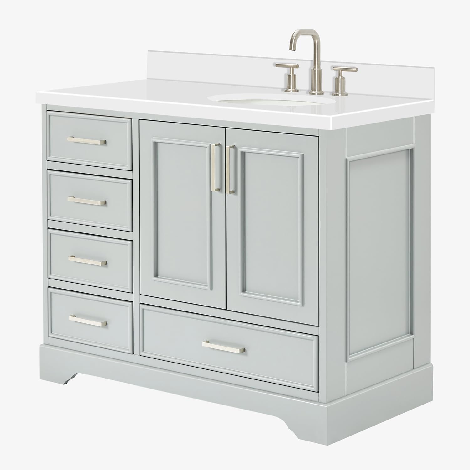 DKB Langford 42-inch Grey Bathroom Vanity with Right Oval Single Sink, Pure White Quartz Countertop & Backsplash, Solid Wood Frame, Soft-Closing & Dovetail Drawers