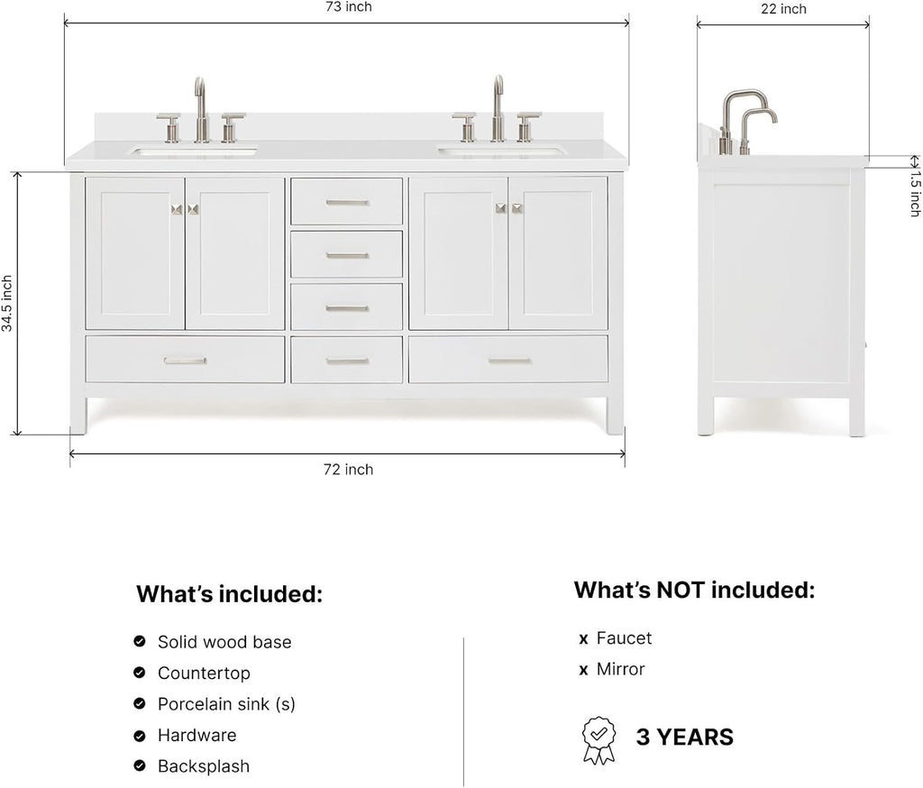 ARIEL Cambridge 72-inch Bathroom Vanity with Sink,Solid Wood, 1.5-inch Pure White Quartz Countertop & Backsplash, Double Rectangular Porcelain Sink, 4 Soft Closing Doors, 6 Dovetail Drawers, White
