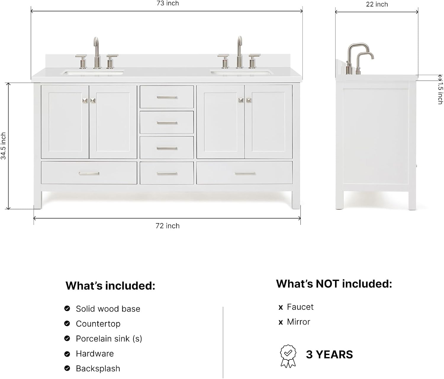 ARIEL Cambridge 72-inch Bathroom Vanity with Sink,Solid Wood, 1.5-inch Pure White Quartz Countertop & Backsplash, Double Rectangular Porcelain Sink, 4 Soft Closing Doors, 6 Dovetail Drawers, White