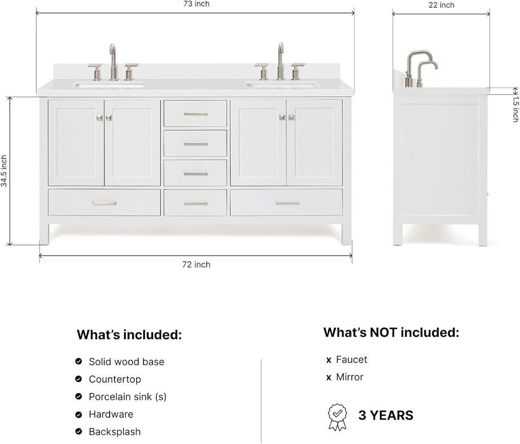 DKB Beckford 72 Inch Bathroom Vanity Double Sink — White Bathroom Vanity with Sink, 1.5' Edge Pure White Quartz Countertop & Backsplash, 4 Soft-Close Doors, 6 Dovetail Drawers