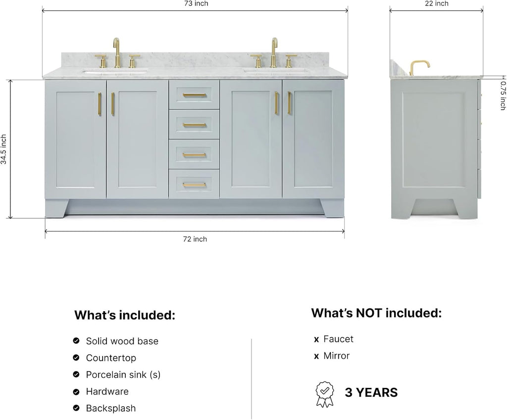 ARIEL 73' Grey Double Bathroom Vanity Italian Carrara Marble Countertop & Splash, Rectangular Sink, 4 Soft Closing Doors, 6 Full Extension Dovetail Drawers, Satin Brass
