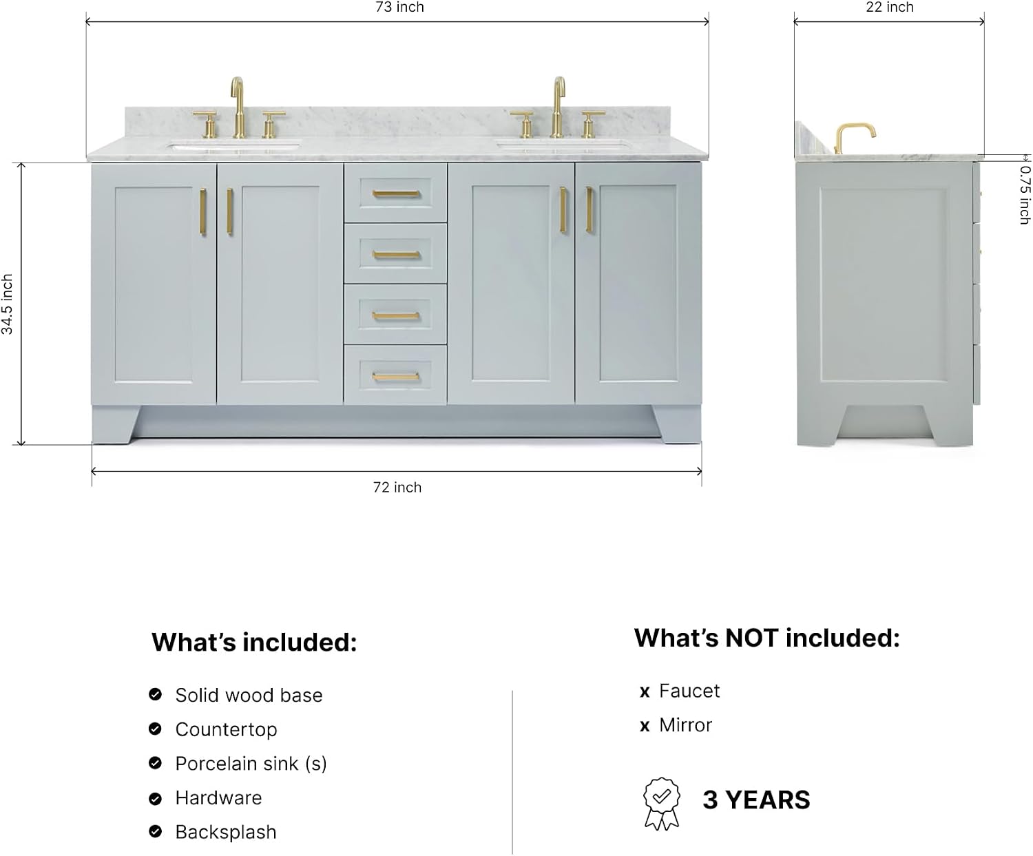 ARIEL 73' Grey Double Bathroom Vanity Italian Carrara Marble Countertop & Splash, Rectangular Sink, 4 Soft Closing Doors, 6 Full Extension Dovetail Drawers, Satin Brass