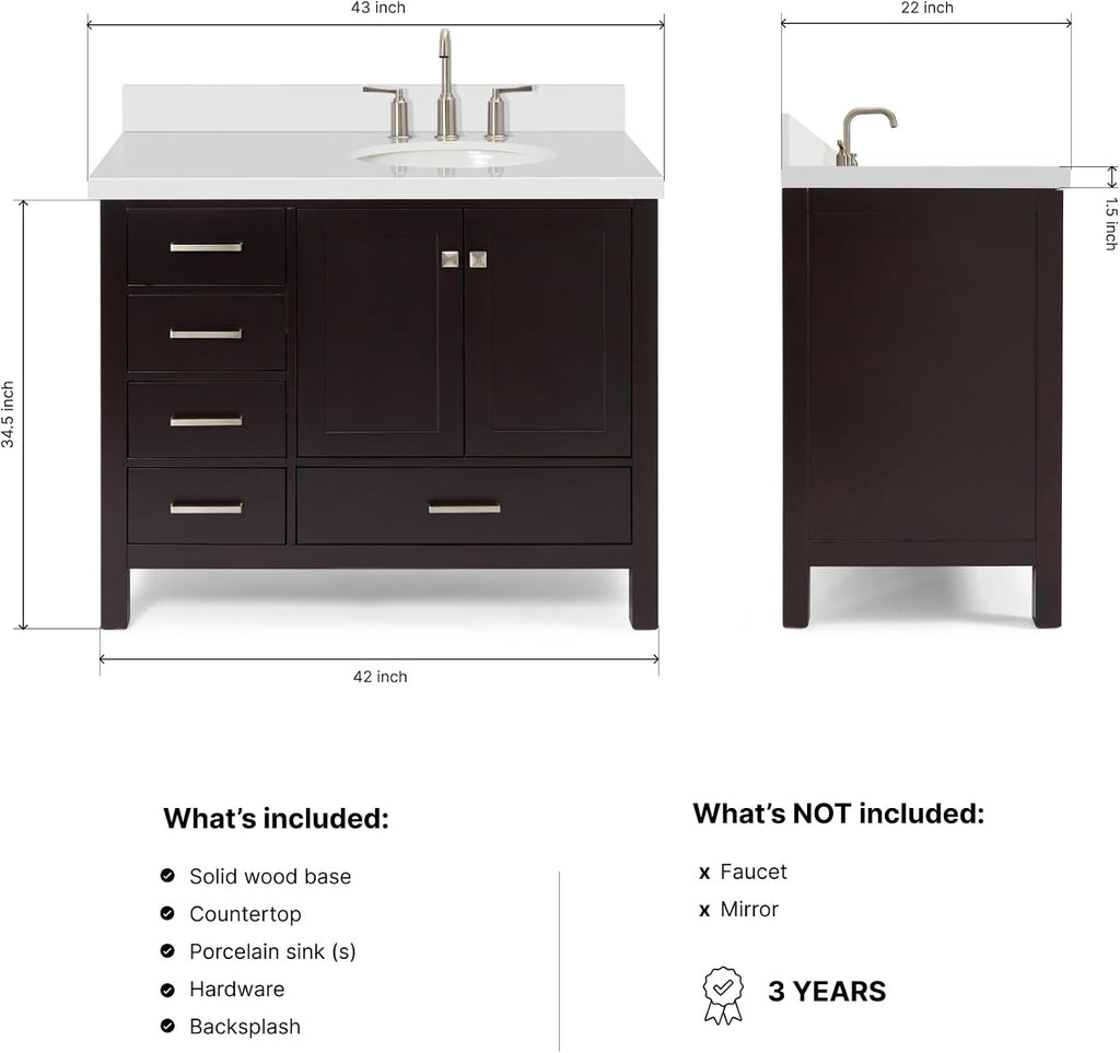 DKB Beckford 42-Inch Espresso Bathroom Vanity with Right Oval Sink, 1.5-Inch Pure White Quartz Countertop & Backsplash, 2 Soft Closing Doors, 5 Dovetail Drawers, Satin Brass Hardware