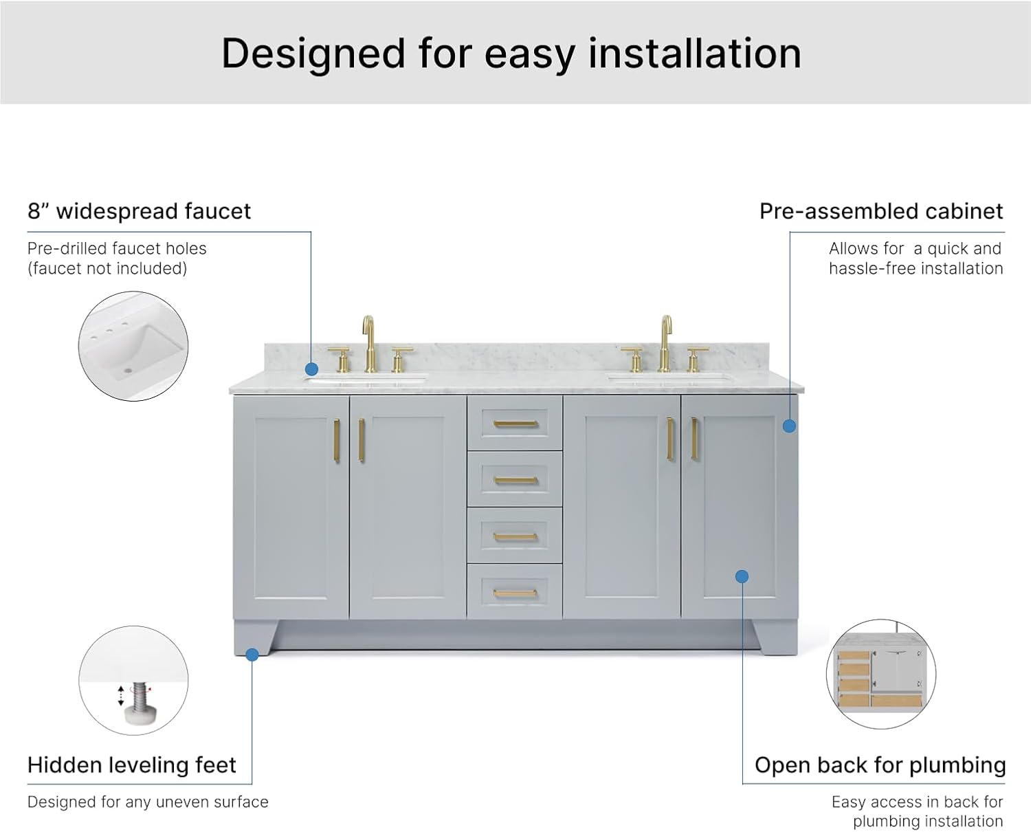 ARIEL 73' Grey Double Bathroom Vanity Italian Carrara Marble Countertop & Splash, Rectangular Sink, 4 Soft Closing Doors, 6 Full Extension Dovetail Drawers, Satin Brass