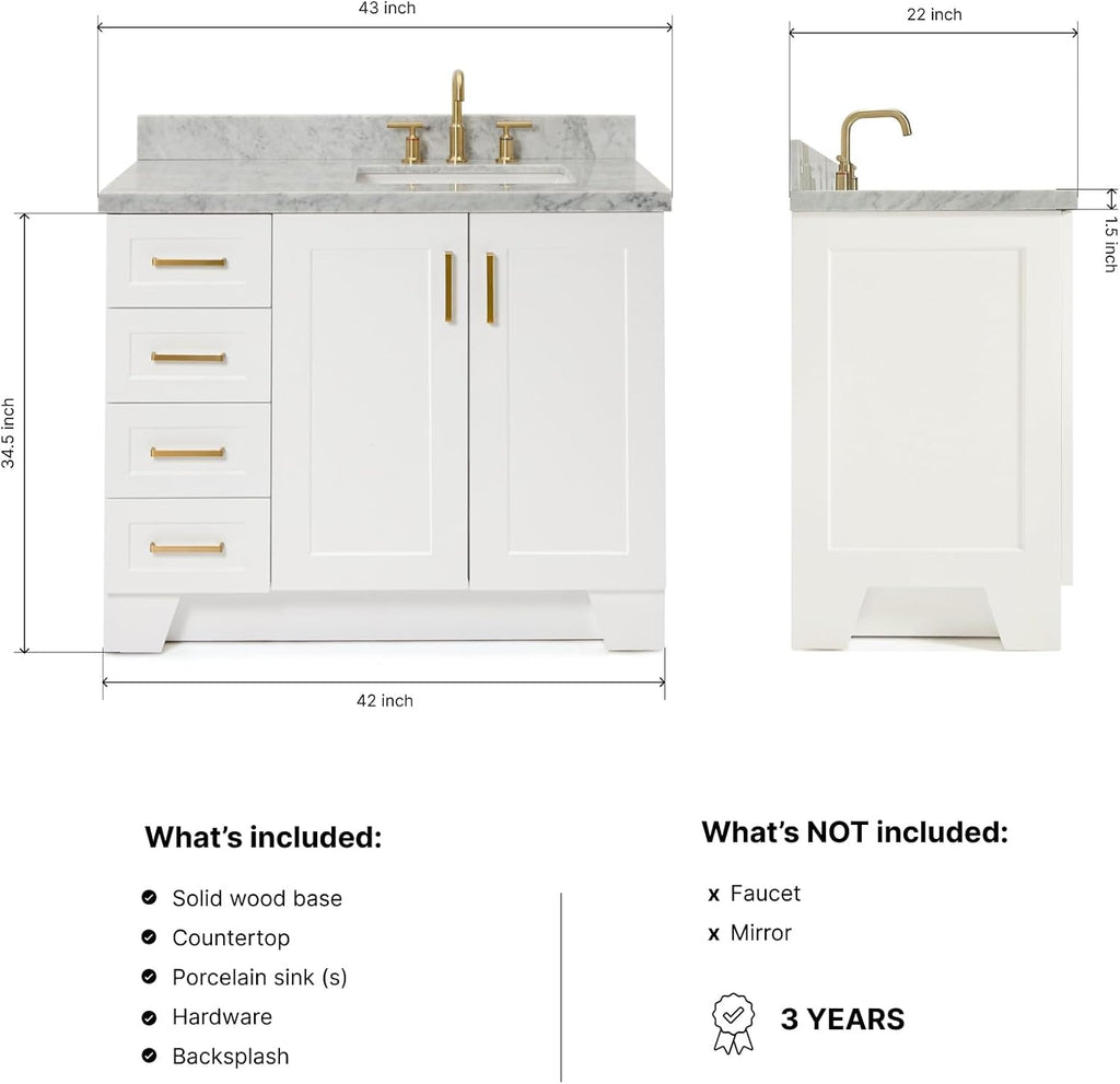 ARIEL Taylor 42-inch Bathroom Vanity with Sink,Solid Wood, 1.5-inch Italian Carrara Marble Countertop, Single Rectangular Porcelain Sink, 2 Soft Closing Doors, 5 Dovetail Drawers, White