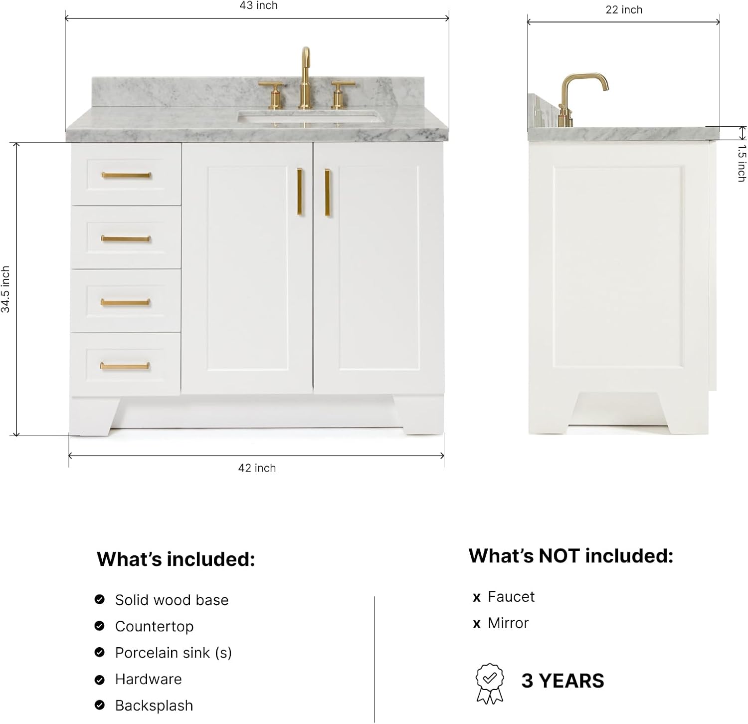 ARIEL Taylor 42-inch Bathroom Vanity with Sink,Solid Wood, 1.5-inch Italian Carrara Marble Countertop, Single Rectangular Porcelain Sink, 2 Soft Closing Doors, 5 Dovetail Drawers, White