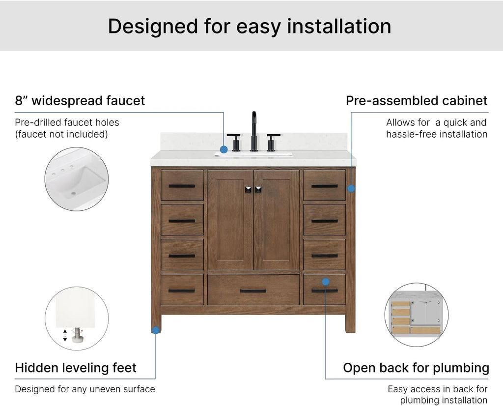 ARIEL Cambridge 42-inch Bathroom Vanity with Sink,Solid Wood, 1.5-inch Carrara White Quartz Countertop, Single Rectangular Porcelain Sink, 2 Soft Closing Doors, 9 Dovetail Drawers, Brown Oak